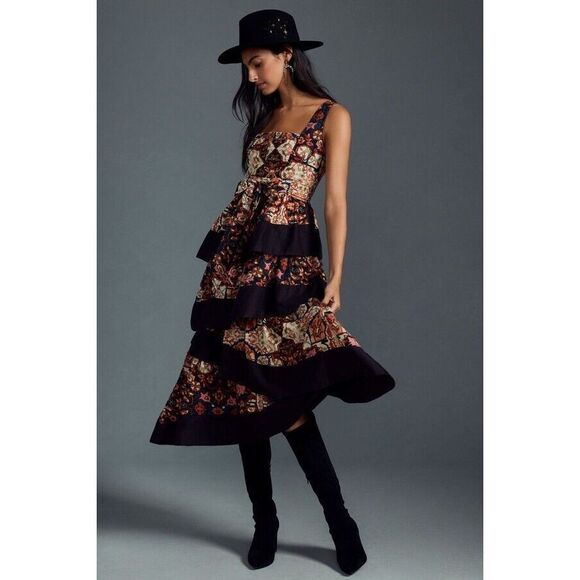 New Anthropologie Floral Print Square Neck Tiered Midi Dress Size M